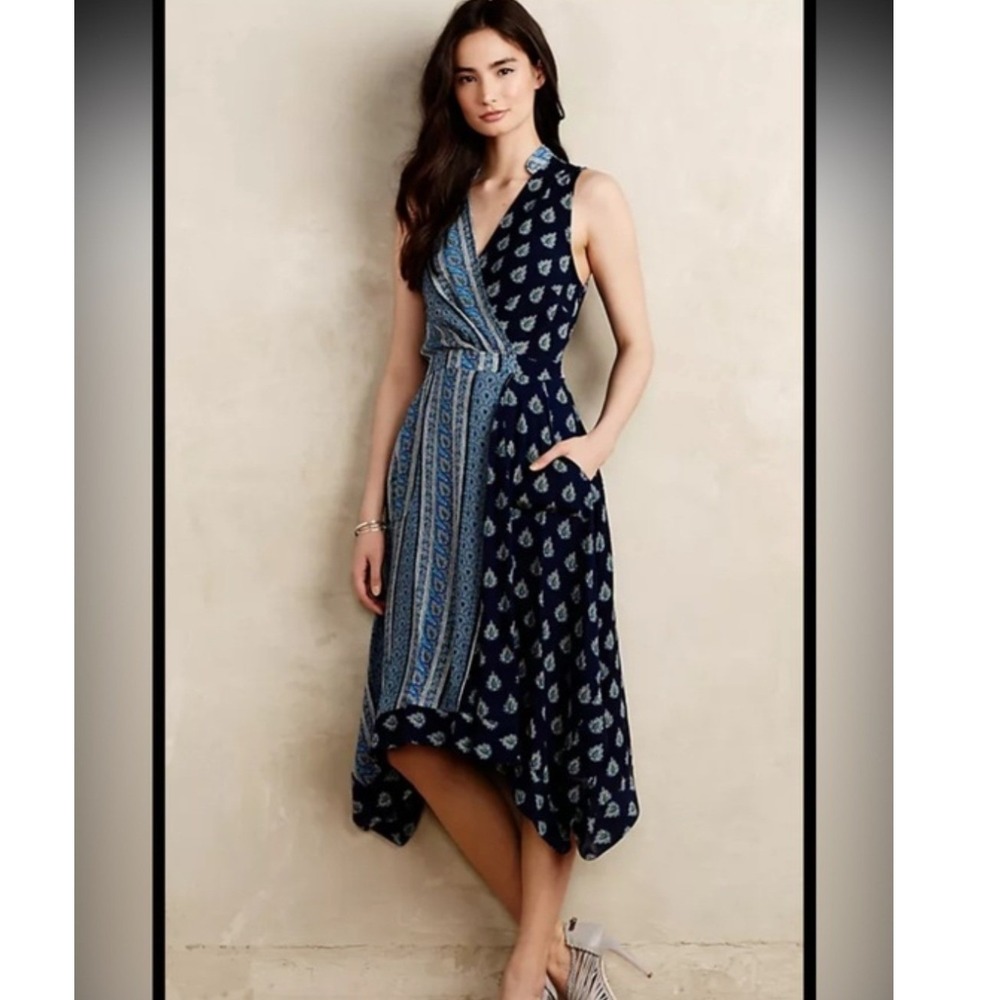 Anthropologie Maeve Eclipsed Faux Wrap Blue Paisley Handkerchief Midi Dress Sz 2